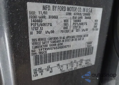 2002 Ford F-150 Lariat/Xlt z USA, uszkodzony, nr VIN 1FTRW07652KB35711